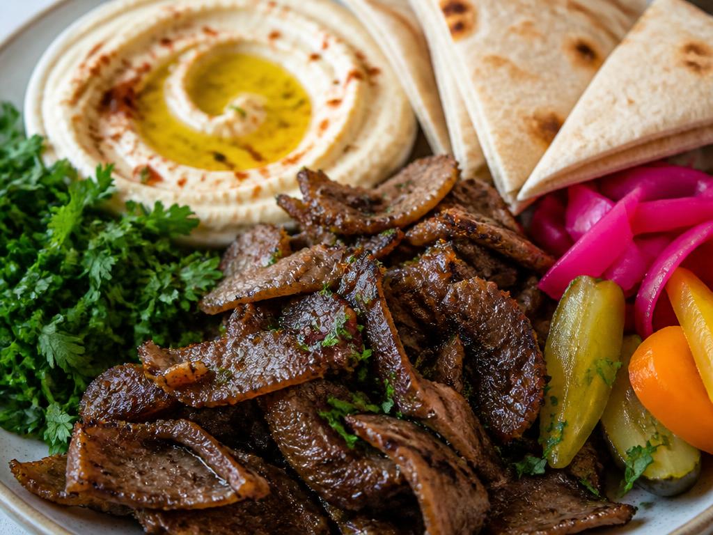 Beef shawarma plate with hummus, parsley, and warm pita bread