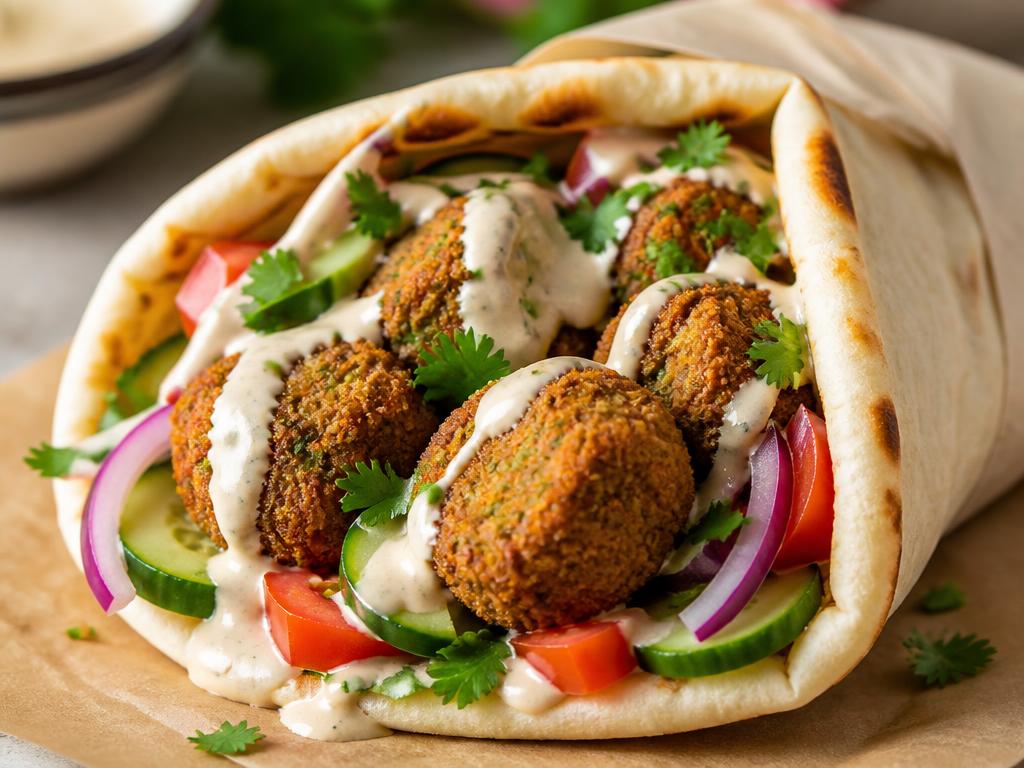 Golden falafel gyro with tahini drizzle and fresh vegetables