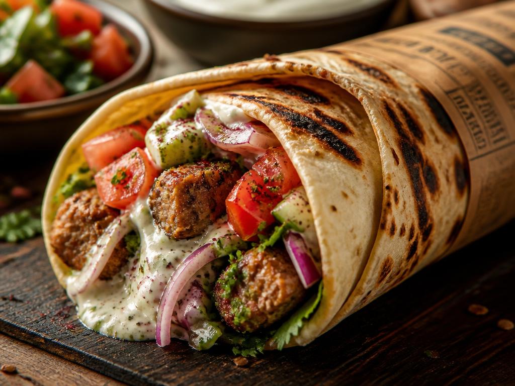 Grilled kabab wrap with charred edges and fresh vegetables